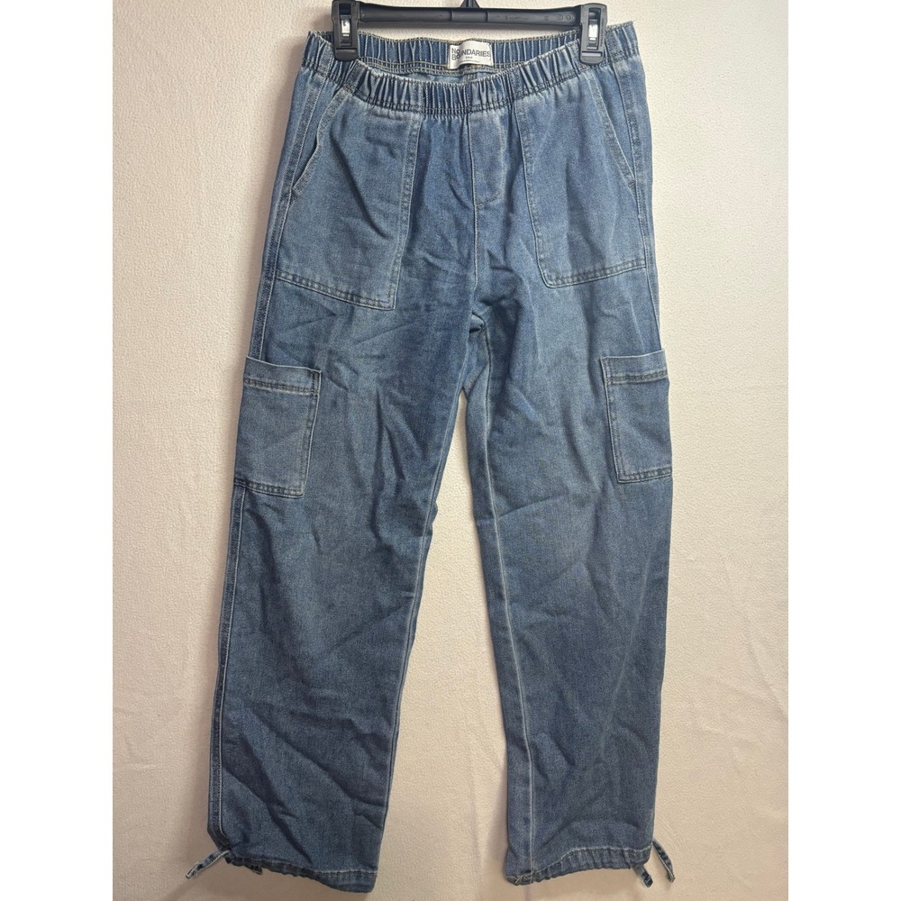 No Boundaries Womens Cargo Jeans Medium Wash Elastic Waist Drawstring Hem S 4-6